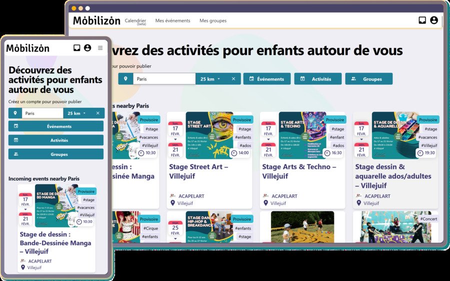Mobilizon homepage on mobile and desktop